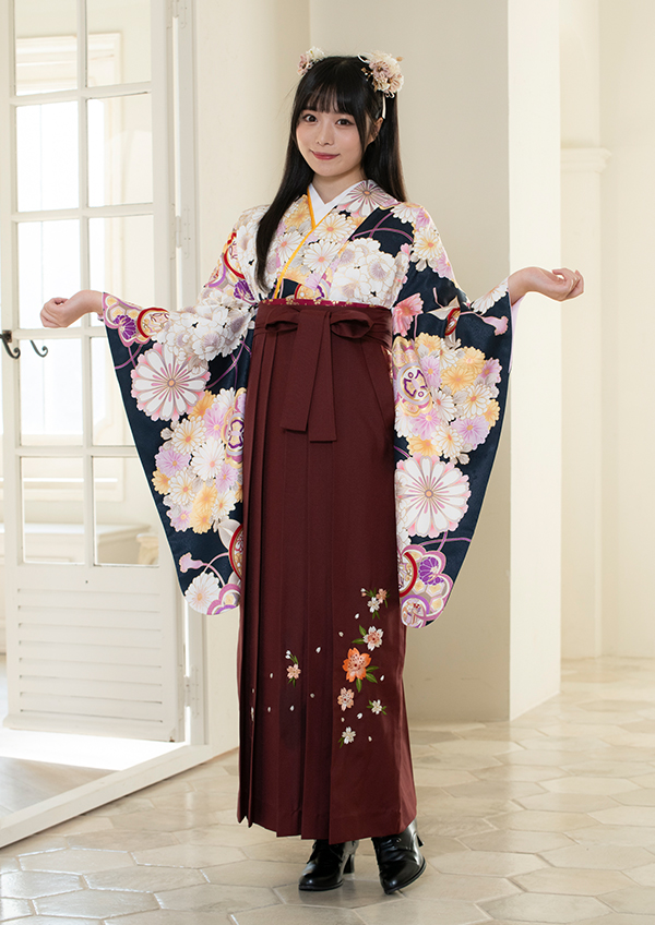 花束文(アイロンブルー)〈K-10446〉 - 卒業袴レンタル|きもの鈴乃屋 花束文(アイロンブルー)〈K-10446〉 - 卒業袴レンタル|きもの鈴乃屋